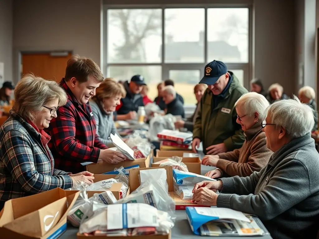 Volunteers helping veterans with essential needs.