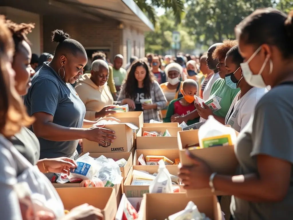 Volunteers distributing food and supplies to families in need.
