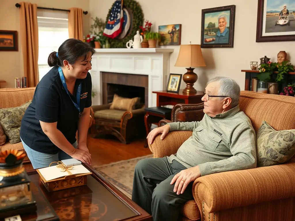 A veteran receiving support in a cozy living room, showcasing compassion and dedication.