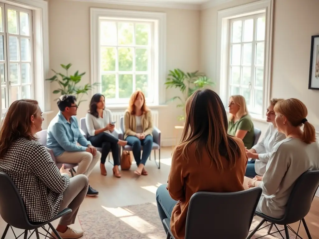 A group therapy session in a bright room, with individuals sharing their thoughts and experiences.
