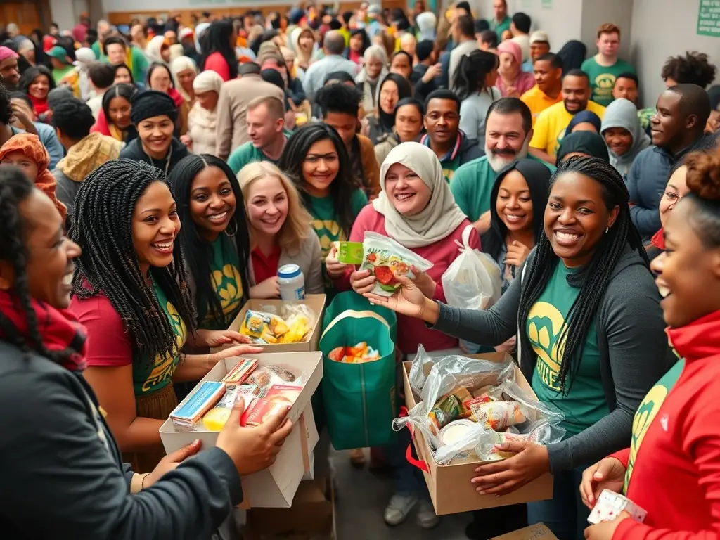 Diverse volunteers distributing food at a community event.