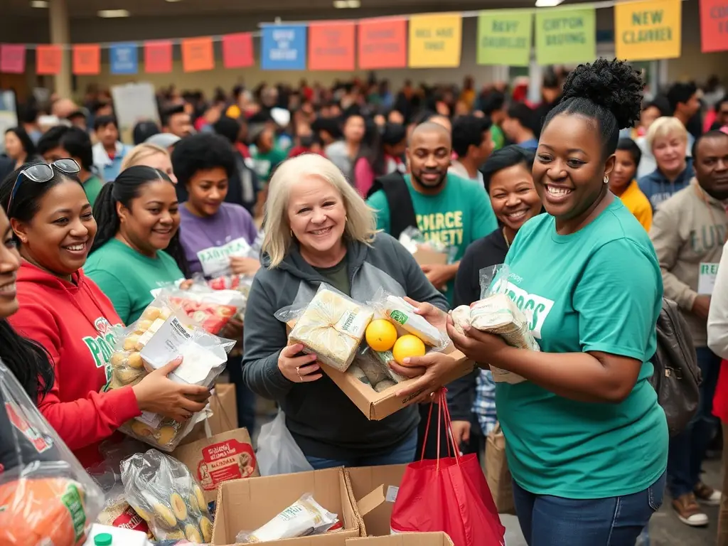 Volunteers engaging with families at a community food distribution event.